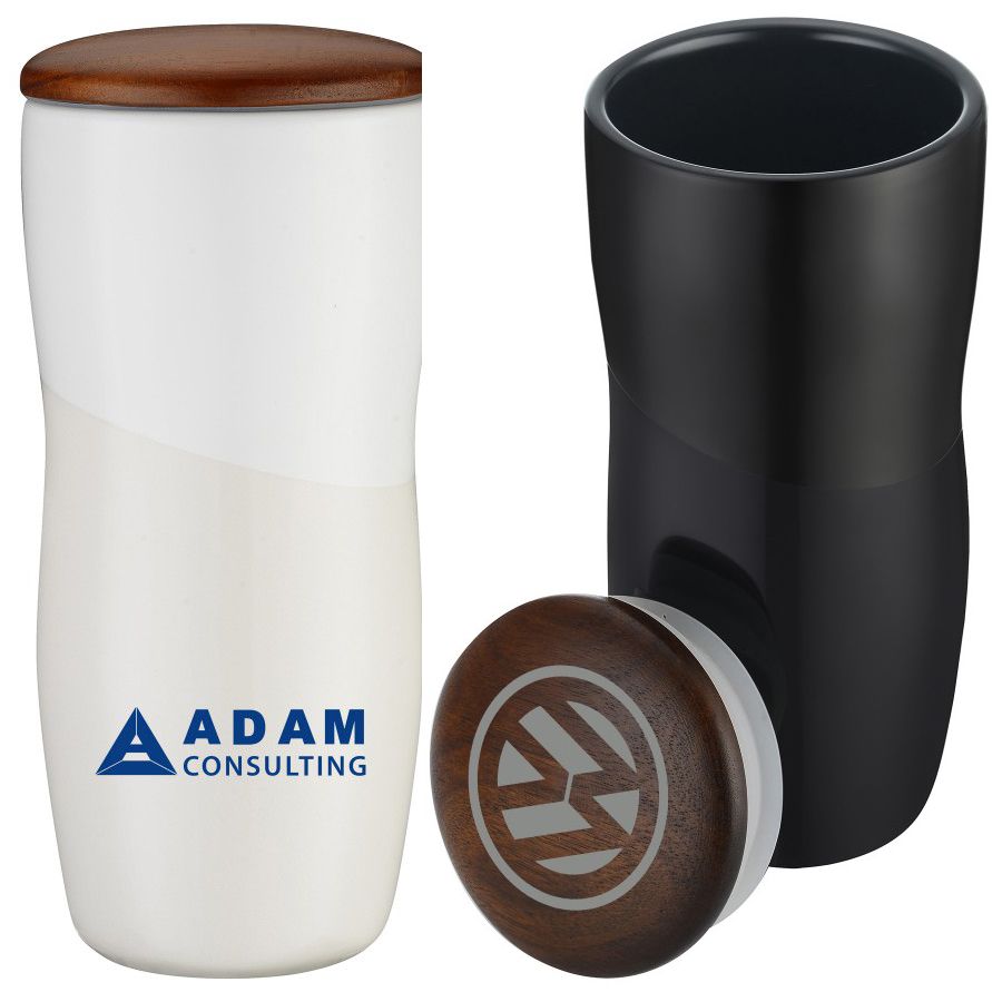 The Curvy 12oz Double Wall Ceramic Tumbler with Wood Lid